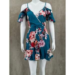 Band of Gypsies‎ Dress Womens Medium Teal Peach Floral Ruffle Cold Shoulder Boho